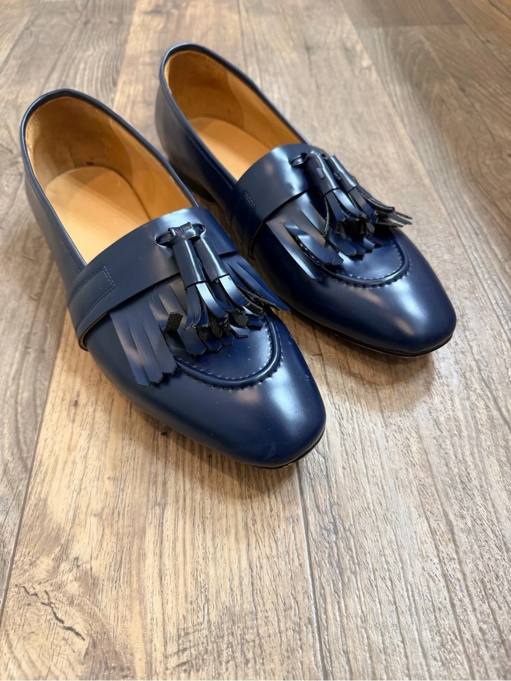 Navy Tassel Fringe Leather Slip-On Loafers